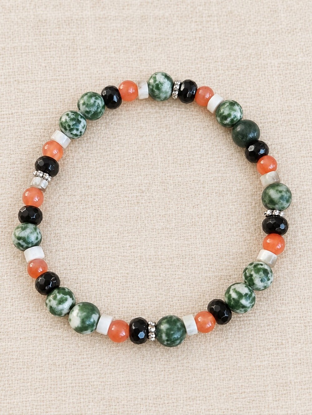 Green Tree Agate, Black Onyx, Orange Agate & Jade Stretch Bracelet | Handmade